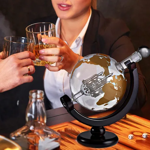 Vista 3 de Juego de regalo de globo de whisky, bandeja de base rica, dispensador de whisky dorado, tapón hermético para vino, bourbon, brandy, jugo, agua