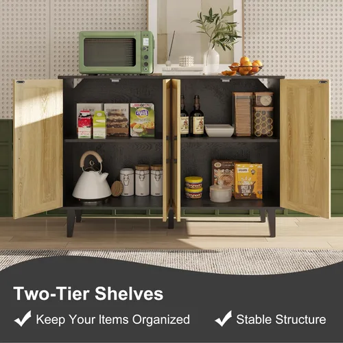 Vista 4 de Armario de almacenamiento con ribete de ratán, aparador de 4 puertas con almacenamiento, armario decorativo con estantes para baño, cafetería, Negro