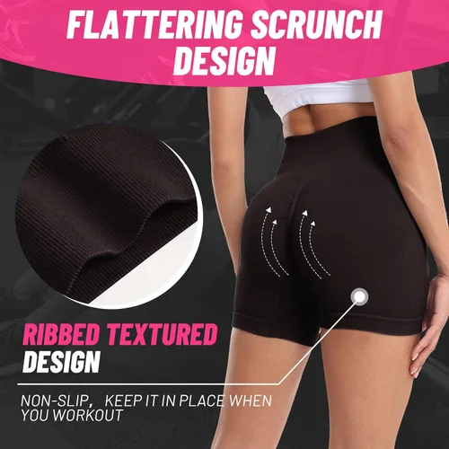 Vista 2 de LAWAKE Pantalones cortos de entrenamiento para mujer, con levantamiento de glúteos, cintura alta, sin costuras, acanalados, para ciclismo, gimnasio