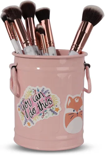 Vista 4 de Soporte para bolígrafo para escritorio con 60 piezas de animales lindos y 50 calcomanías inspiradoras, soporte para lápices de hojalata, organizador