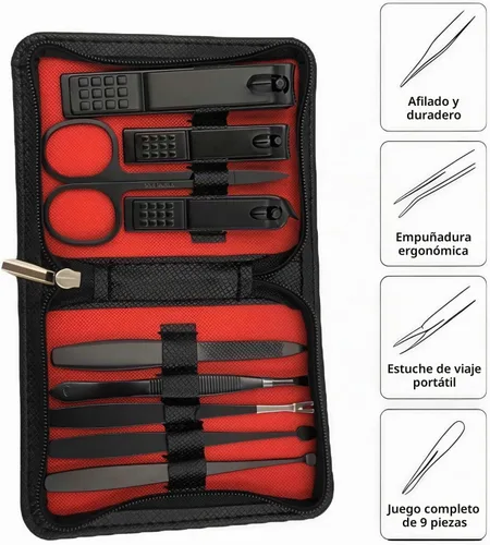 Vista 4 de Juego de manicura cortaúñas Set Manicura Pedicura Kit 9 Pack Regalos para Herramientas de cuidado de uñas de acero inoxidable con estuche de viaje