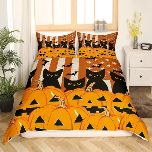 Vista 3 de Feelyou Juego de ropa de cama para niños, gatos negros, tamaño individual, funda de edredón de linterna de calabaza de Halloween para niños y niñas