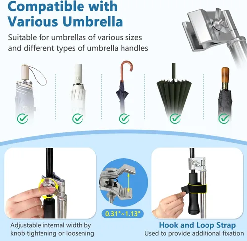 Vista 4 de Soporte de soporte para sombrilla de bicicleta, soporte para sombrilla de silla de ruedas para cochecito, manos libres, clip de abrazadera