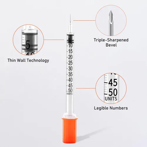 Vista 3 de Jeringas U-100 31G 0.5cc 1/2 pulgada (13mm), envueltas individualmente, paquete de 20