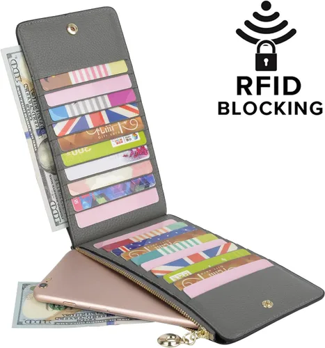 Vista 2 de Yaluxe- Cartera para mujer con bloqueo RFID, de cuero genuino, multiorganizador de tarjetas con bolsillo con zíper, L