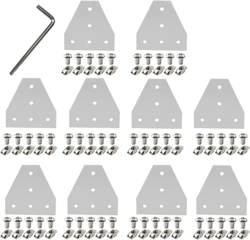Vista 16 de 10 piezas 2020 placa de unión de soporte de esquina en forma de L, conector de extrusión de aluminio de 5 agujeros con 50 tuercas en T, 50 tornillos