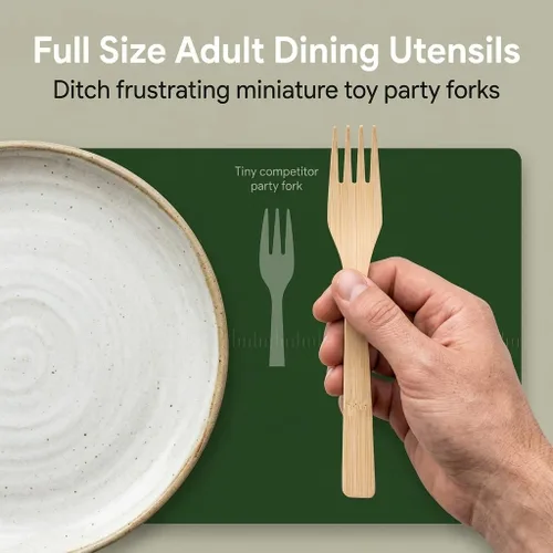 Vista 7 de 2ZEBRAZ - Juego de cubiertos de bambú de 100 piezas, 50 tenedores, 25 cuchillos, 25 cucharas, utensilios desechables resistentes para fiestas
