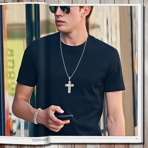 Vista 6 de JUNOVUROS Juego de collar de cruz para hombre grande y pequeño con 5 cadenas Rolo y 1 pulsera cubana, regalo de joyería religiosa con cruz