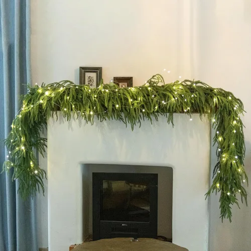 Vista 4 de MISSPIN 6ft Christmas Garland with String Lights, Real Touch Norfolk Pine Garland, Green Artificial Greenery Garland for Table, Mantle, Wall