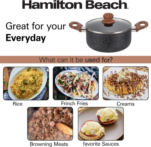 Vista 4 de Hamilton Beach Revestimiento de mármol antiadherente de 3 cuartos de galón con calefacción uniforme, olla de horno holandés redonda con tapa