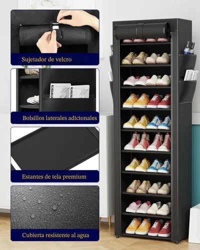 Vista 5 de Kitsure Zapatero – Estante organizador de zapatos de gran capacidad de 10 niveles con cubierta antipolvo y bolsillos laterales, zapatero de metal a