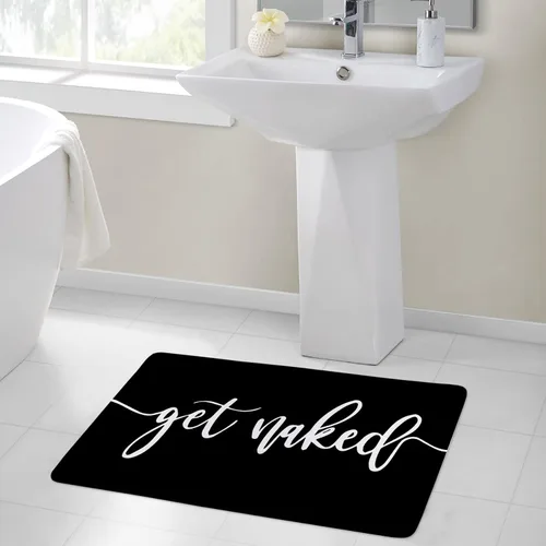 Vista 4 de Get Naked - Tapete de baño para baño, fuente blanca, con citas divertidas, color negro, tapete de baño de espuma viscoelástica suave, tapete