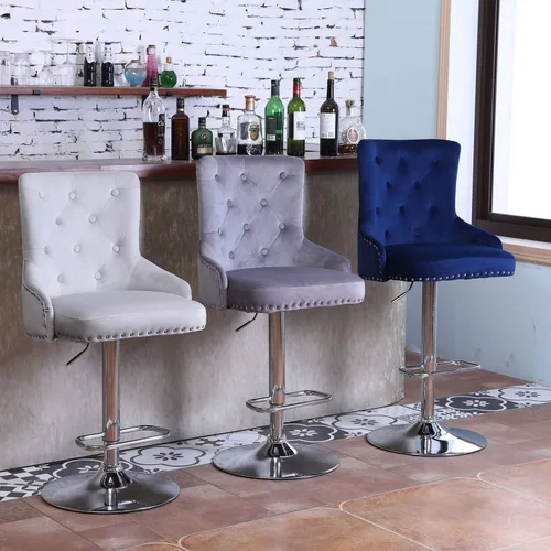 Vista 2 de Juego de 2 taburetes de bar de terciopelo con mostrador trasero, taburetes de mostrador ajustable en altura con reposapiés, moderno taburete