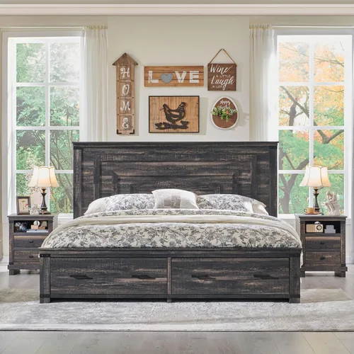 Vista 9 de Marco de cama de madera tamaño Queen de 54 pulgadas de alto con cabecero, cepillo antiguo color blanco Cepillo antiguo blanco