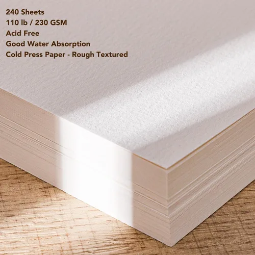 Vista 3 de 240 hojas de papel de acuarela a granel, papel de prensa en frío de 110 lb/230 GSM, papel de color de agua blanca para dibujar tarjetas de regalo