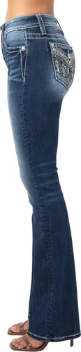 Vista 3 de Miss Me Jeans de tiro medio para mujer con bolsillos de solapa de imitación con plumas nativas