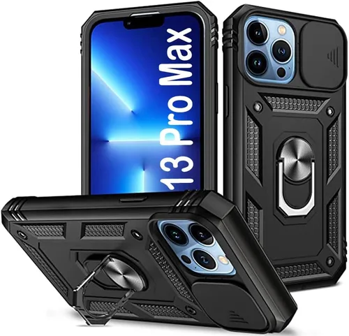 Vista 10 de PASNEW Funda militar para iPhone 13 Pro Max, cubierta de cámara deslizante y soporte de anillo de metal de 360°, carcasa rígida multicapa resistente