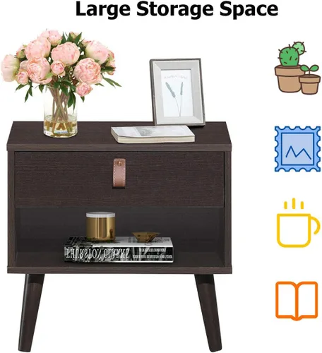 Vista 5 de Mesa auxiliar multifunción estilo mediados de siglo, mesa auxiliar para sofá, mesita de noche con estante de cajón, resistente y duradera