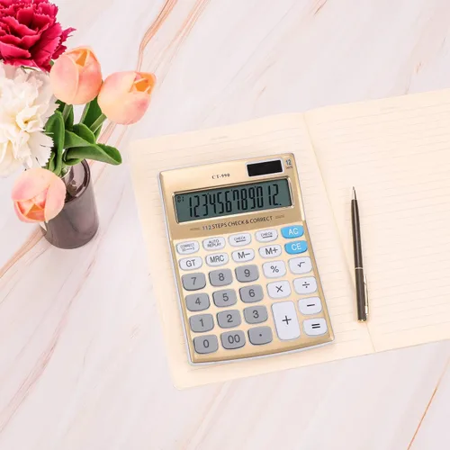Vista 2 de Calculadora de escritorio de función estándar con pantalla LCD grande de 12 dígitos con energía solar, oro