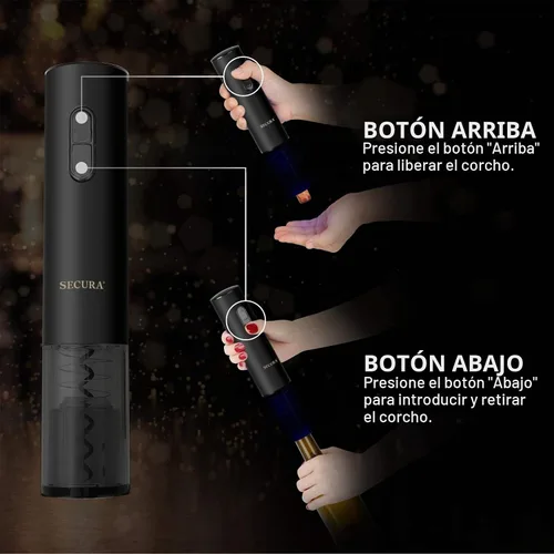 Vista 5 de Secura Abridor de vino eléctrico, sacacorchos eléctrico automático de botellas de vino con cortador de papel de aluminio, recargable (negro)