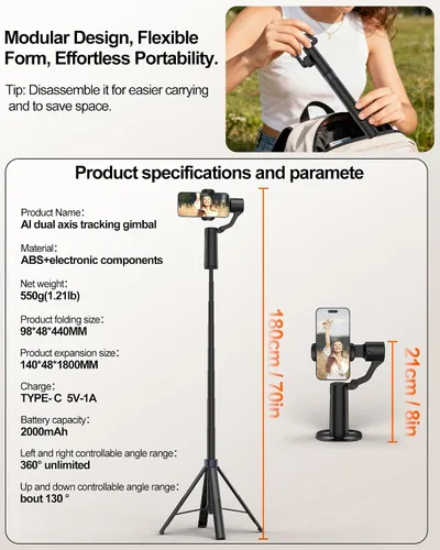 Vista 8 de Trípode de seguimiento automático de doble eje de 70 pulgadas, horizontal de 360° y palo selfie giratorio vertical de 130° para iPhone, Android