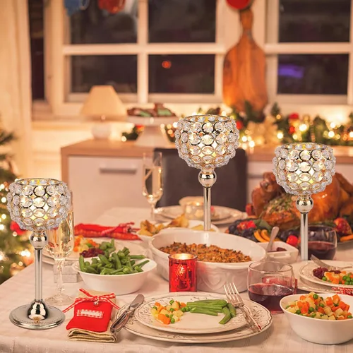 Vista 4 de Juego de 2 portavelas de cristal dorado con base de alta resistencia, portavelas con luces de té brillantes, decoración de mesa de comedor, centro