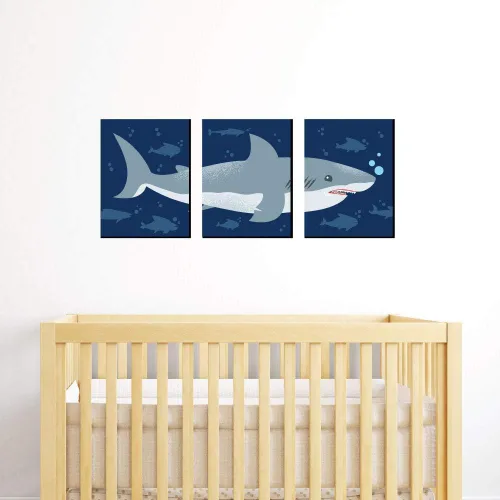 Vista 2 de Big Dot of Happiness Shark Zone - Arte de pared para guardería, decoración de habitación de niños y decoración del hogar de tiburón jawsome - Ideas