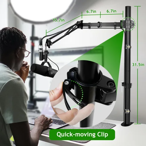Vista 4 de Brazo de Micrófono de Pluma, Soporte de Micrófono Aéreo Ajustable con Altura con Elevador de Extensión para Shure SM7B Blue Yeti HyperX QuadCast S