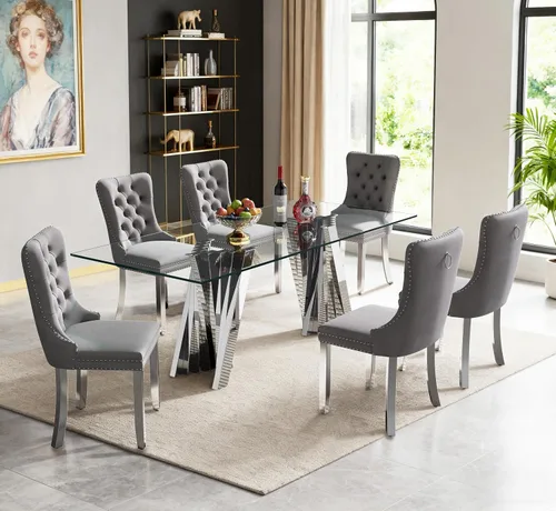Vista 24 de Juego de mesa de comedor de cristal dorado de 5 piezas, 70 pulgadas, rectangular, moderna, para cocina y comedor, juego para 4, mesa de comedor
