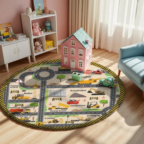 Vista 16 de Alfombra de Juego Redonda de 3.3 pies para Niños con Carreteras de la Ciudad - Alfombra de Lana Sintética Antideslizante con Diseño Interactivo