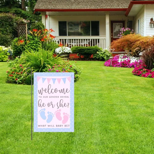 Vista 7 de Bandera de jardín de 12 x 18 pulgadas, bandera rosa y azul de doble cara, bandera de revelación de género para niño o niña, huella de bebé, pancarta