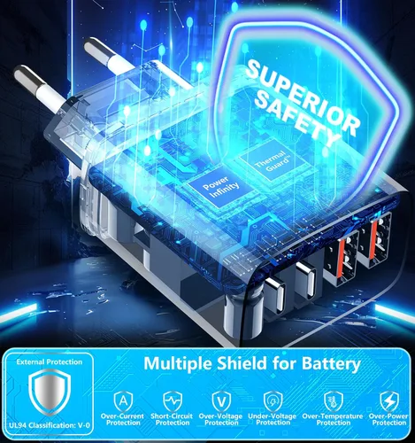 Vista 6 de Adaptador de enchufe de viaje europeo USB C, 60W 4-Port USA a Europa Carga
