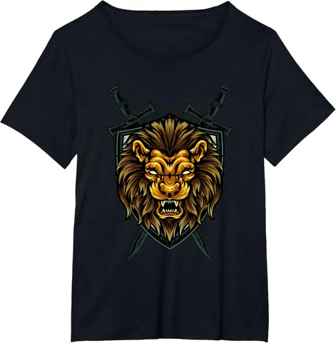 Vista 69 de Camiseta con diseño de caballero medieval renacentista, con diseño de espada de león, Negro, S
