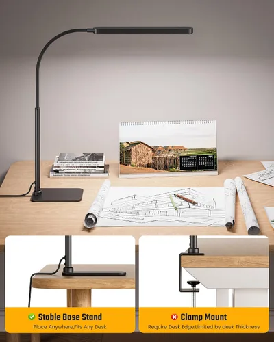 Vista 7 de SUPERDANNY - Lámpara de escritorio LED para el cuidado de los ojos con base de cuello de cisne flexible de 360°, lámpara de trabajo con control