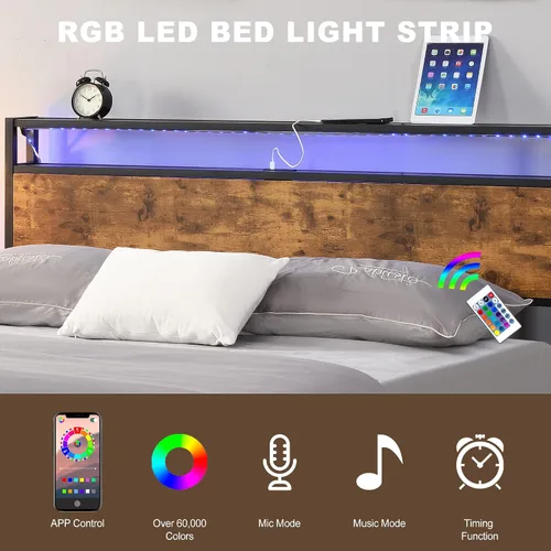 Vista 5 de Marco de cama industrial de tamaño completo con luces LED, 2 puertos USB, almacenamiento de 2 niveles, marrón rústico