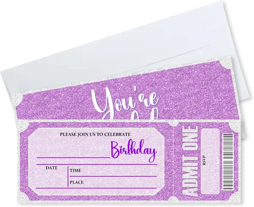 Vista 12 de Invitaciones de cumpleaños de 3 x 8 pulgadas – 20 tarjetas de invitación con purpurina rosa con 20 sobres – Boletos VIP estilo relleno de doble cara