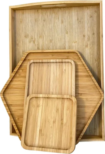 Vista 13 de Bandejas de bambú con tablas de cortar 16.5"x11.8" (42x30cm con asa, el set incluye platos de 0.63" (1.6cm) de grosor 1xHexágono 12.5" (32cm) +