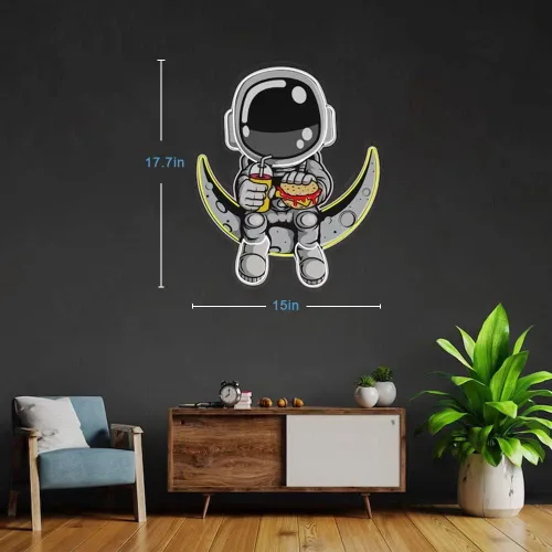 Vista 3 de Letrero de neón con diseño de astronauta comiendo hamburguesa con queso, obras de arte hechas a mano, luces LED de luna, letreros de astronauta