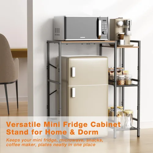 Vista 9 de Mini soporte para refrigerador con estantes de almacenamiento, soporte de metal resistente para refrigerador de 3 niveles, estante para microondas
