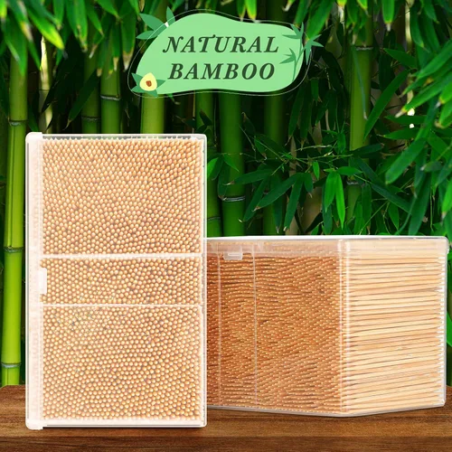Vista 4 de Jerify 3000 palillos de madera de bambú, redondos, de doble cara, con caja de almacenamiento de plástico transparente para aperitivos, alimentos