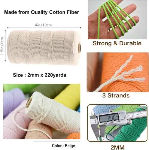 Vista 2 de Cordón de macramé beige de 0.078 pulgadas x 220 yardas, cuerda de algodón torcido de 4 hebras natural para colgar en la pared, manualidades, cordel