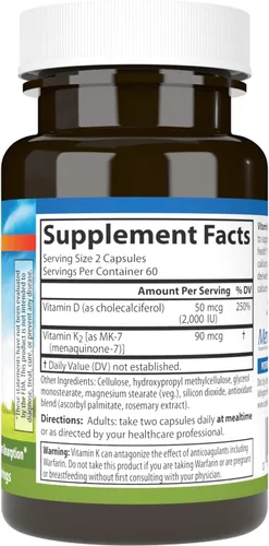 Vista 2 de Carlson Vitamina D3 + K2, 50 mcg (2000 UI), soporte óseo, 120 cápsulas