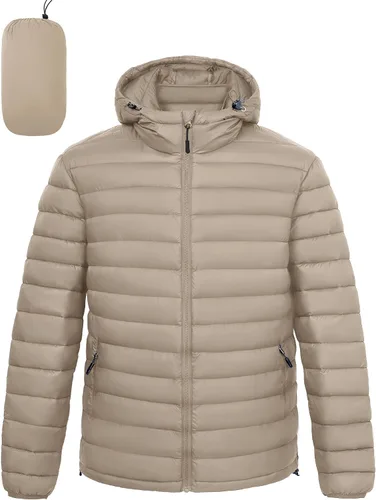 Vista 11 de Chaqueta acolchada ligera y plegable para hombre, con capucha, aislada, resistente al agua, para esquí, senderismo, viajes