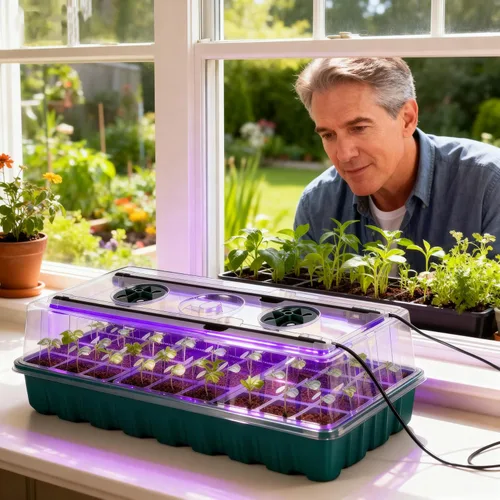 Vista 7 de Bandeja para inicio de semillas con luz de crecimiento, paquete de 2, kit de germinación de semillas de 72 celdas con cúpula de humedad, bandejas