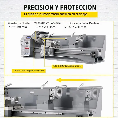 Vista 5 de VEVOR Torno de metal de 8,7 x 29,5 pulgadas/8.661 x 29.528 in, mini torno de metal, 1,1 KW, velocidad infinitamente variable, mini máquina de torno