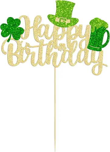 Vista 3 de Gyufise 1 decoración para pastel del día de San Patricio, trébol verde con purpurina de cuatro hojas, decoración de pastel de cumpleaños, decoración