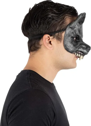 Vista 2 de Ghoulish Productions Máscara de media máscara de lobo negro. Máscara de látex de lobo furioso. Máscara de látex de talla única para adultos. Línea