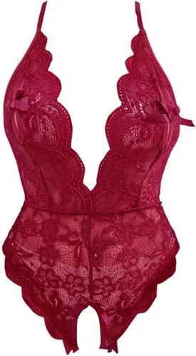 Vista 5 de Lencería de encaje festoneada para mujer, sexual, traviesa, sexy, gargantilla, cuello en V, entrepierna a presión, babydolls de una pieza, body