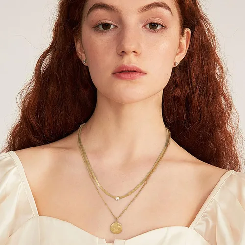 Vista 4 de Secroma Collares de oro en capas para mujer, collar de medallón de moneda de 16 quilates, gargantilla de cadena de serpiente, collar de acero