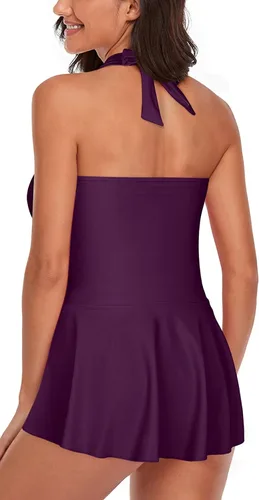 Vista 2 de Traje de baño tankini halter de dos piezas para mujer, con control de abdomen, cuello en V, con pantalones cortos